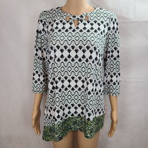 New Directions Women's (M) Black, Gray, Blue Print 3/4 Sleeve Tunic Top